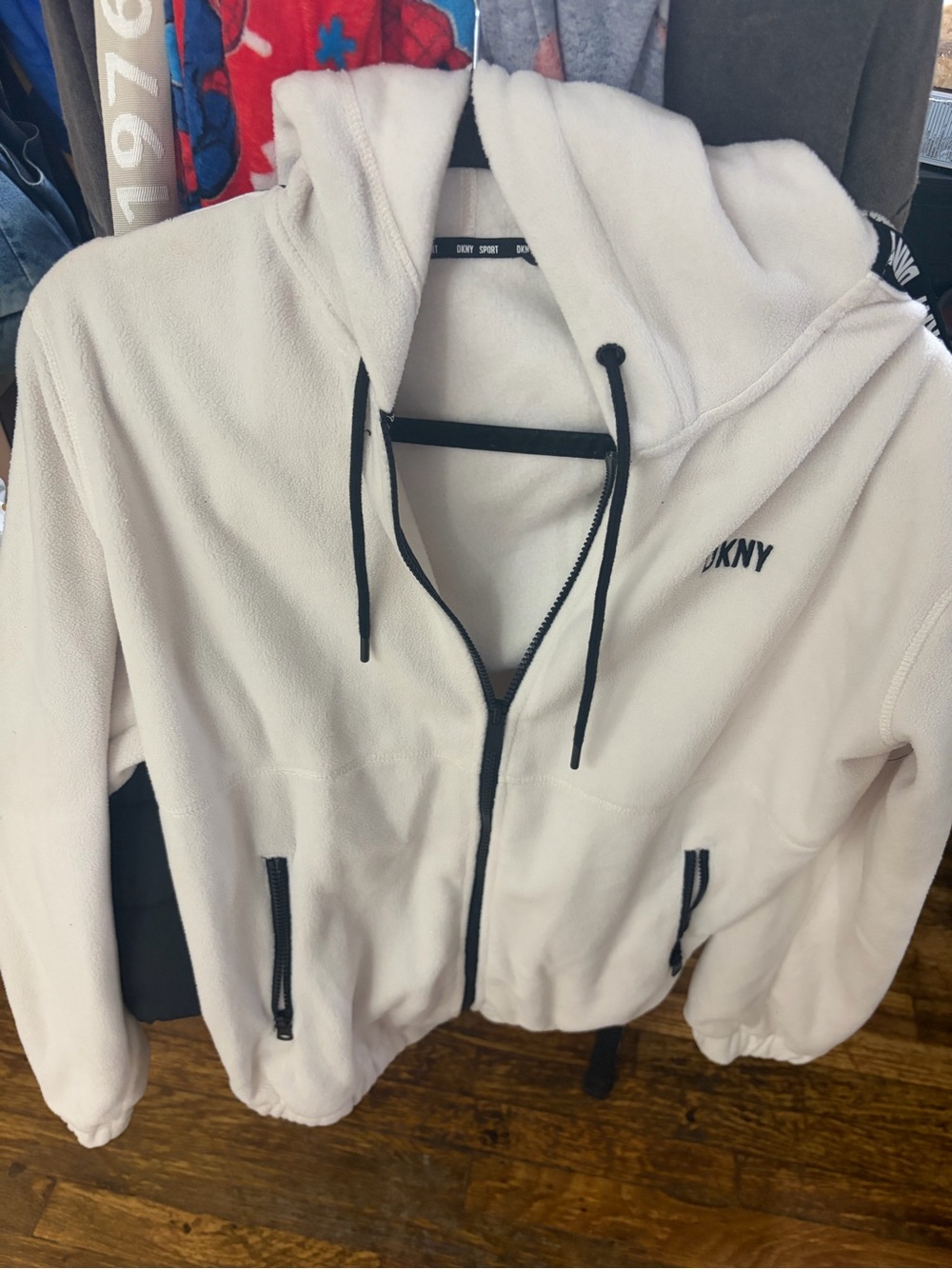 DKNY Cream Zip-Up Fleece Hoodie with Black Trim